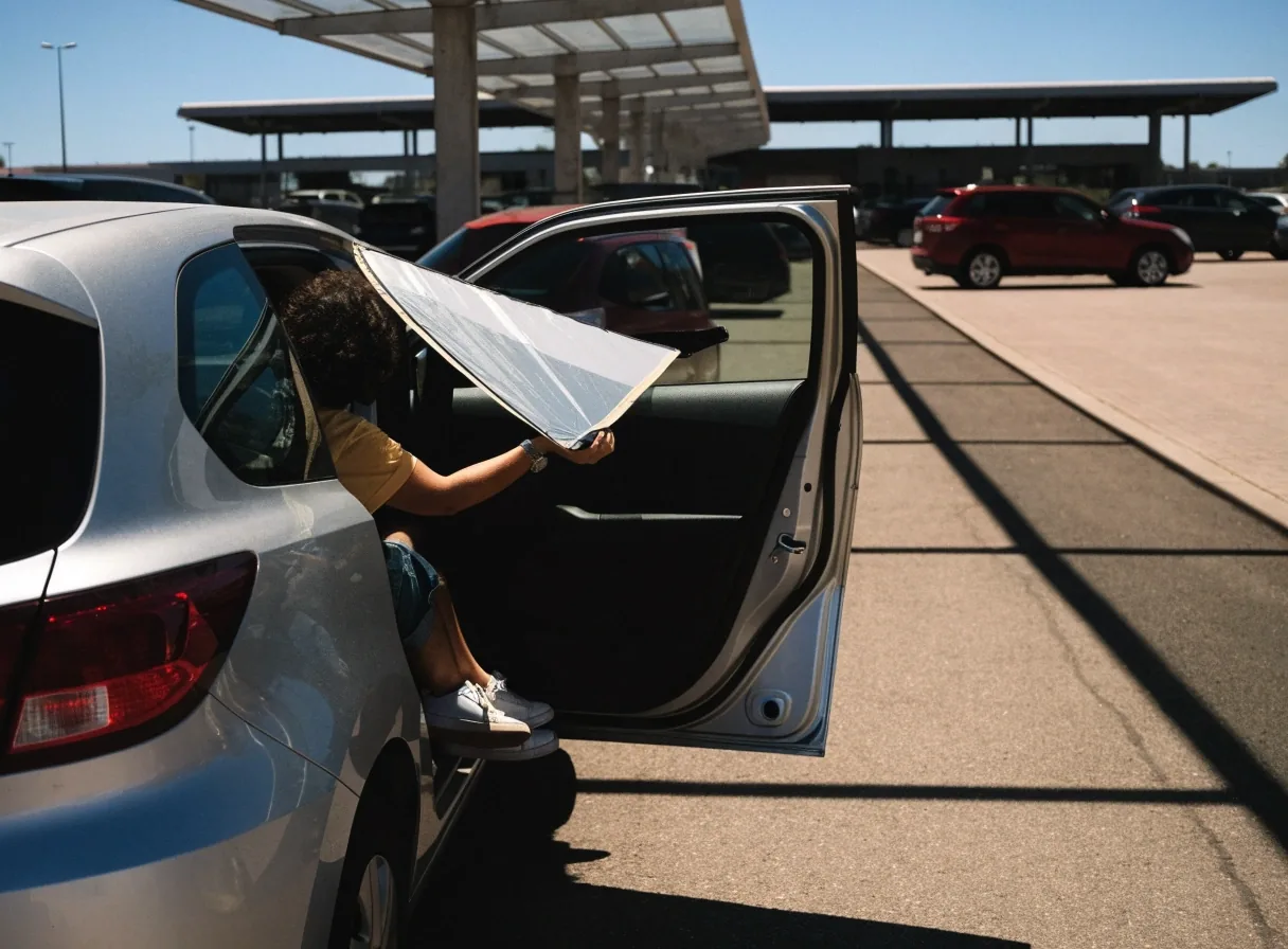 Car with sunshade in open-air airport parking