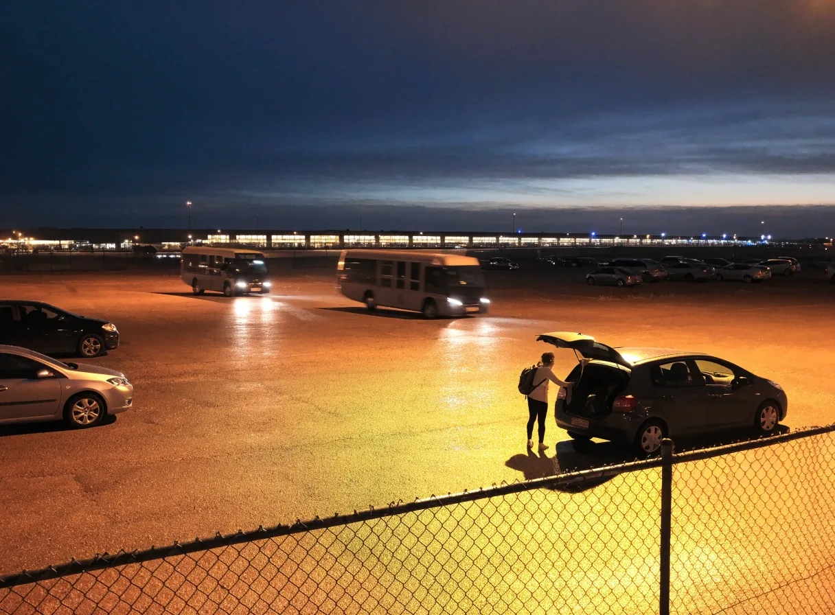 Fenced open-air budget parking row at dusk