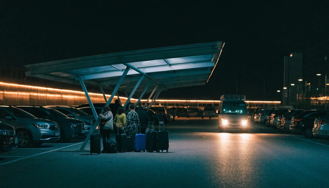 Shuttle collecting travellers from open-air parking at night
