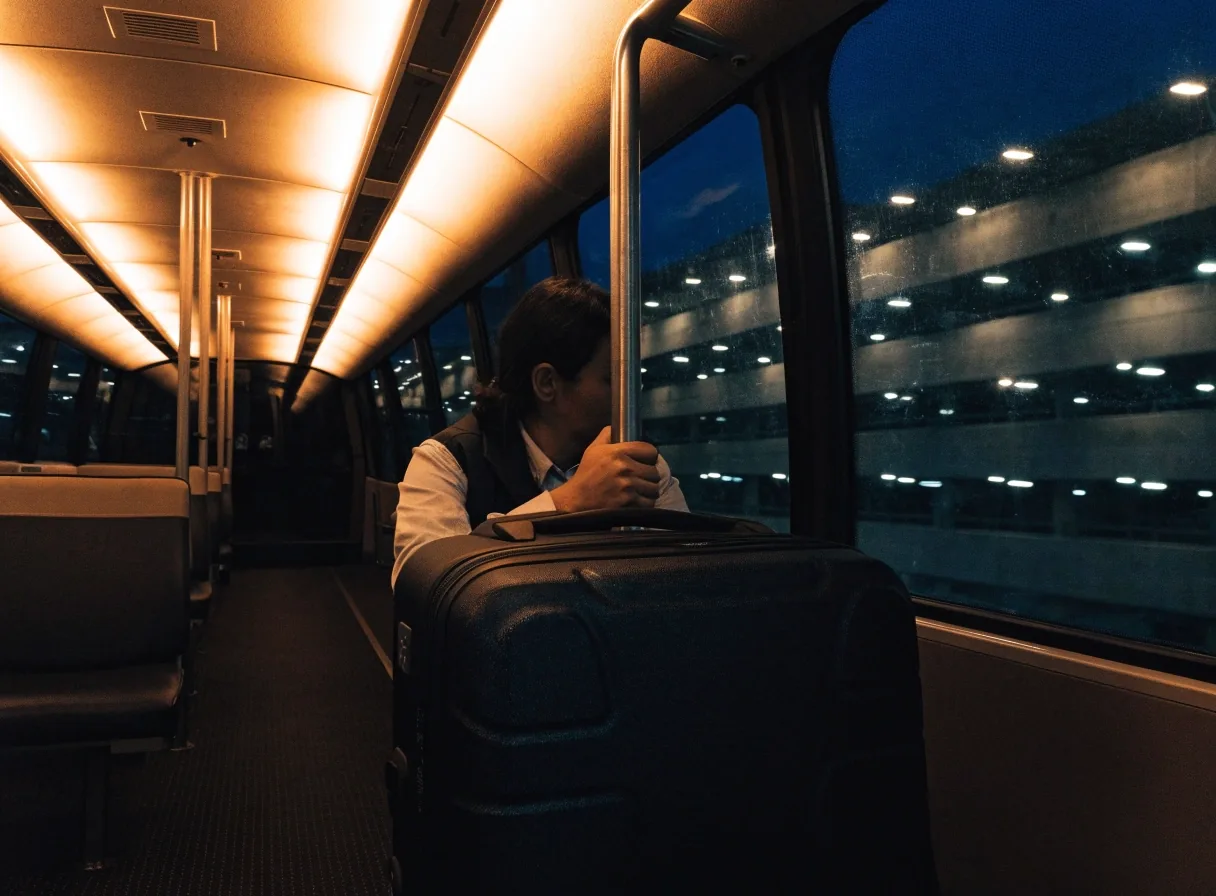 Shuttle bus interior at night