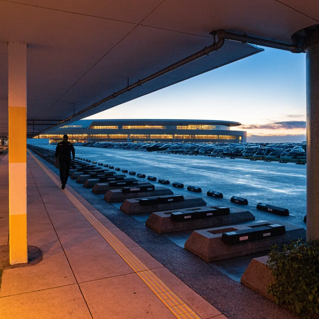 Empty parking deck at dawn with blue to amber light