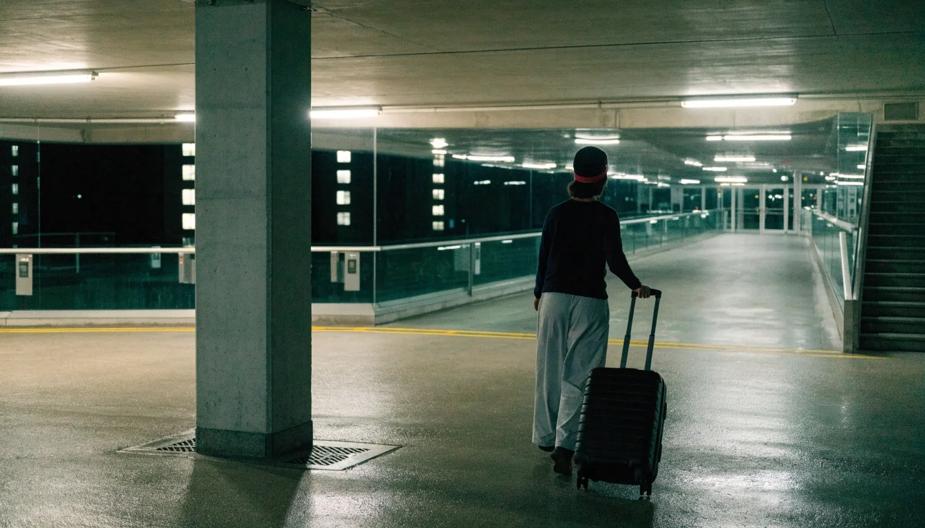 Empty accessible parking bay on a deck at night