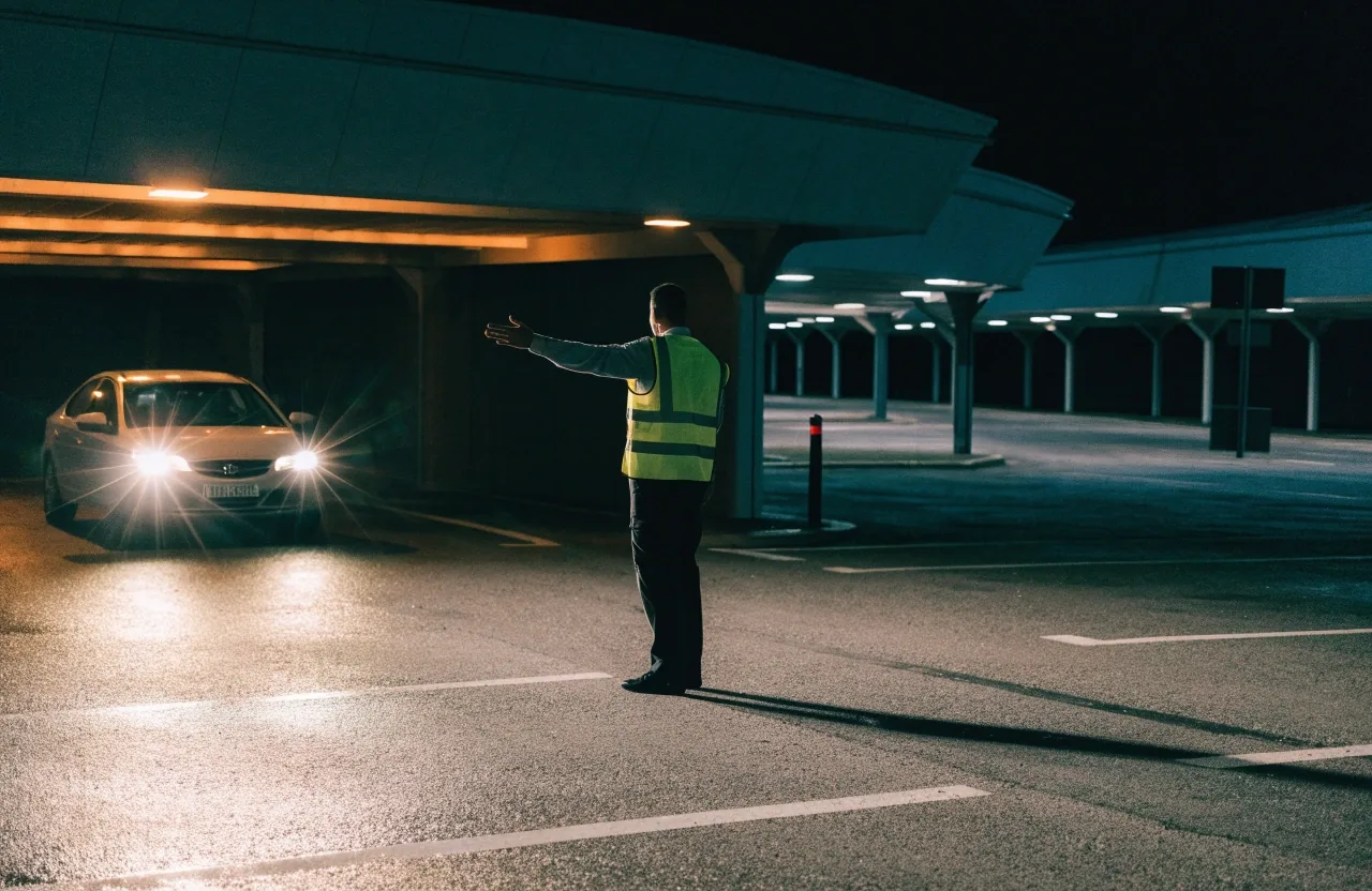 Wet asphalt and painted bay line under amber light