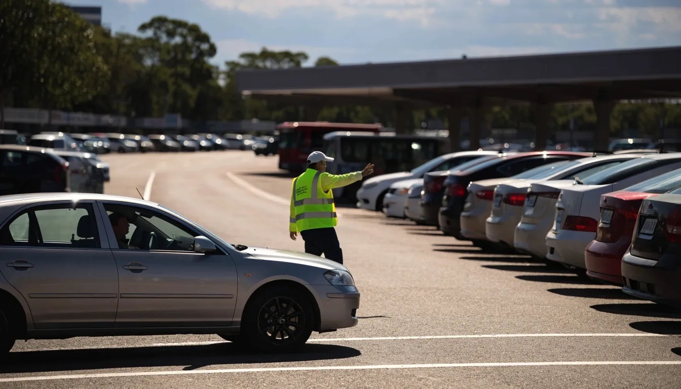 Wet open-air parking row at Brisbane Airport at night under sodium lamps