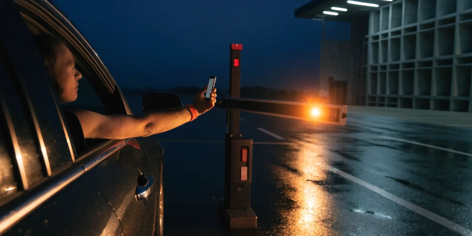 Driver at a parking exit barrier at night holding a phone