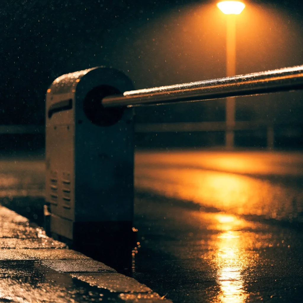 Car park exit barrier at night in rain
