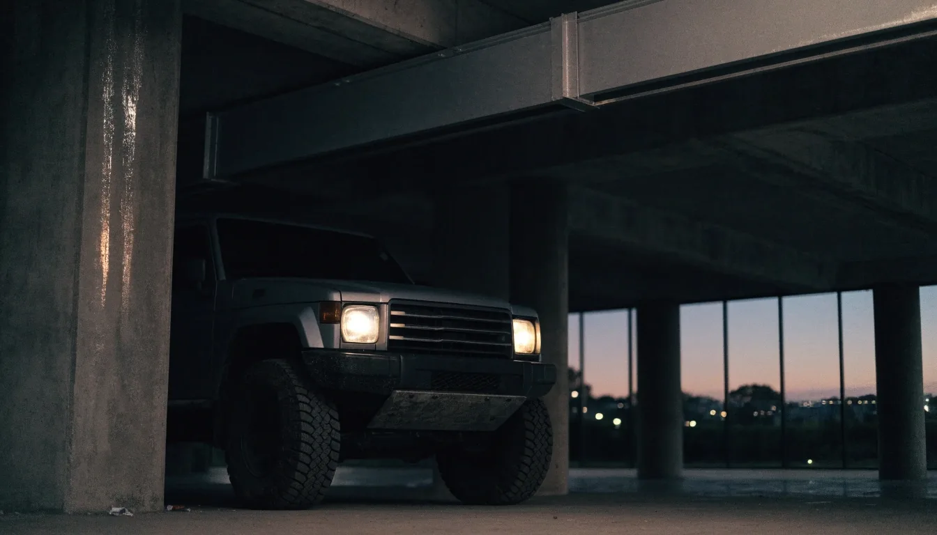 Tall vehicle under a car park height gantry at night