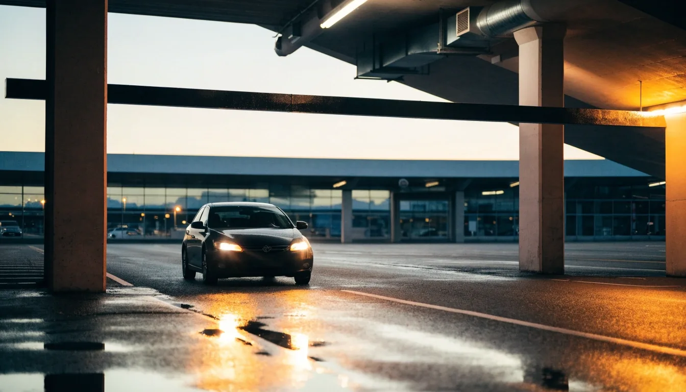 Empty Brisbane Airport parking deck at dawn with wet asphalt and amber light