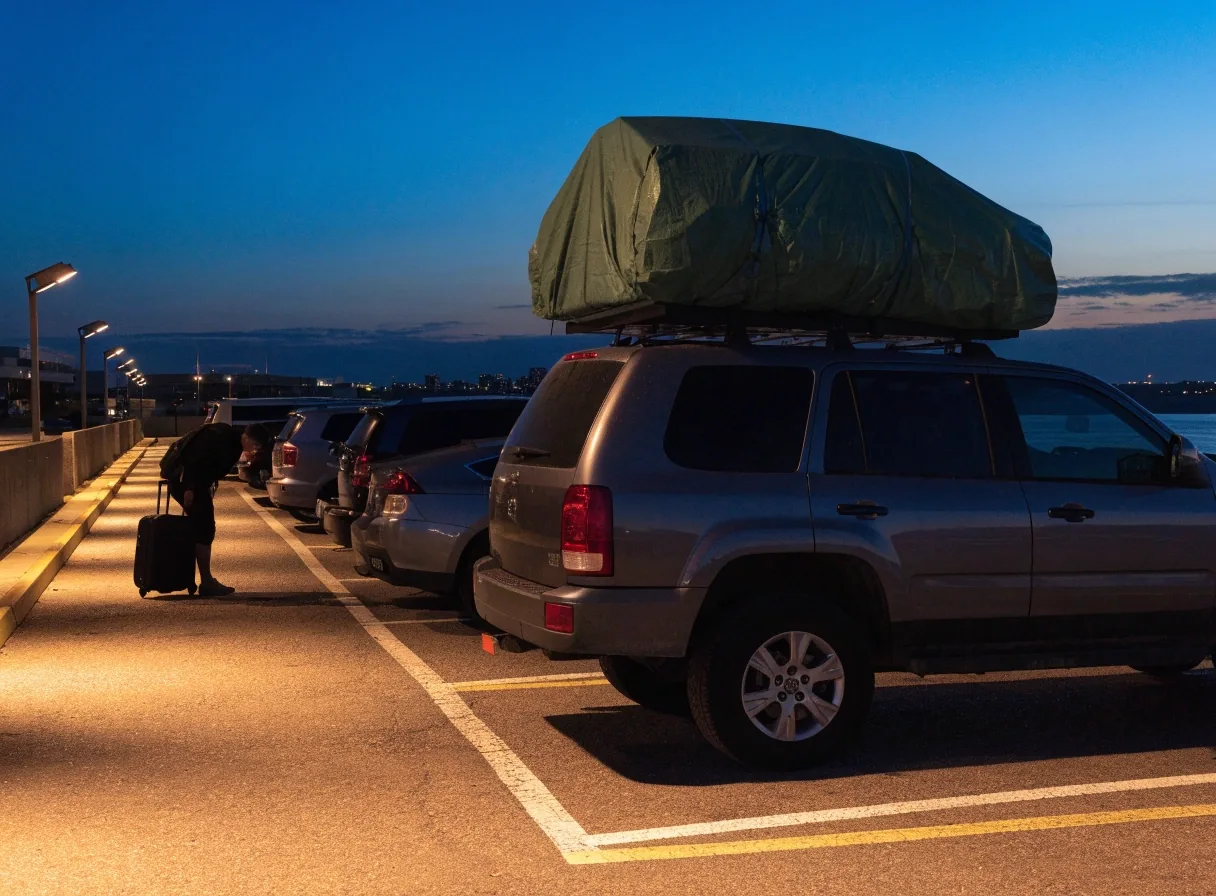 Open-air budget parking row at dusk with floodlights