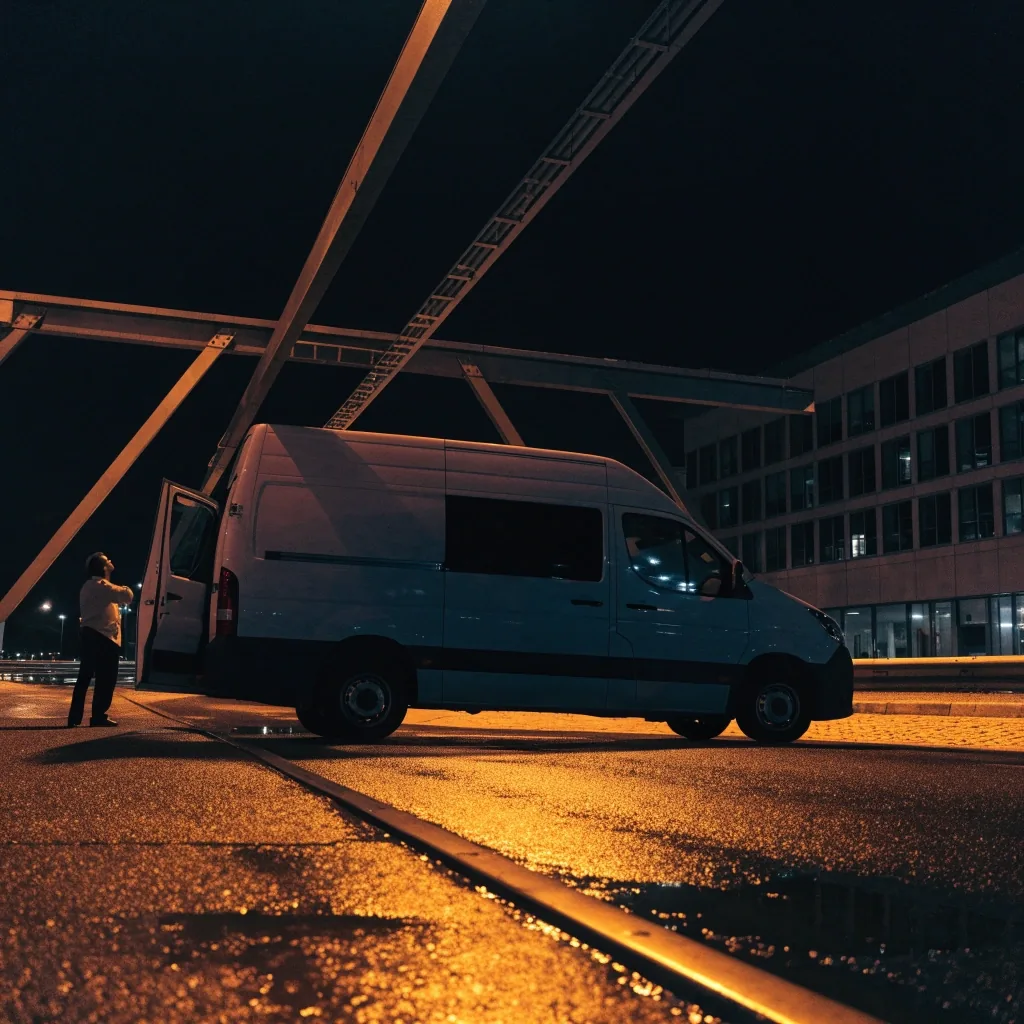 Tall van under a parking height gantry at night