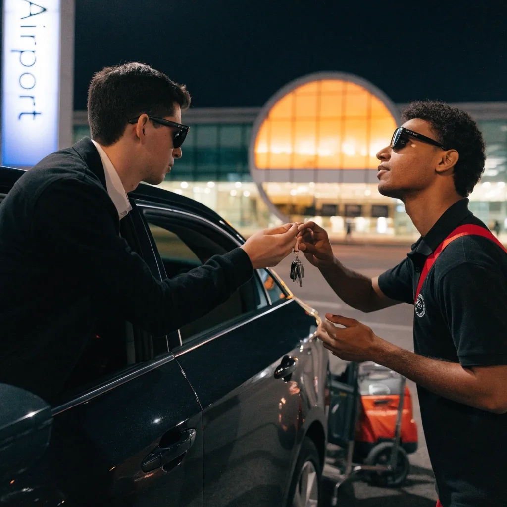 Valet handover at the international terminal forecourt at night