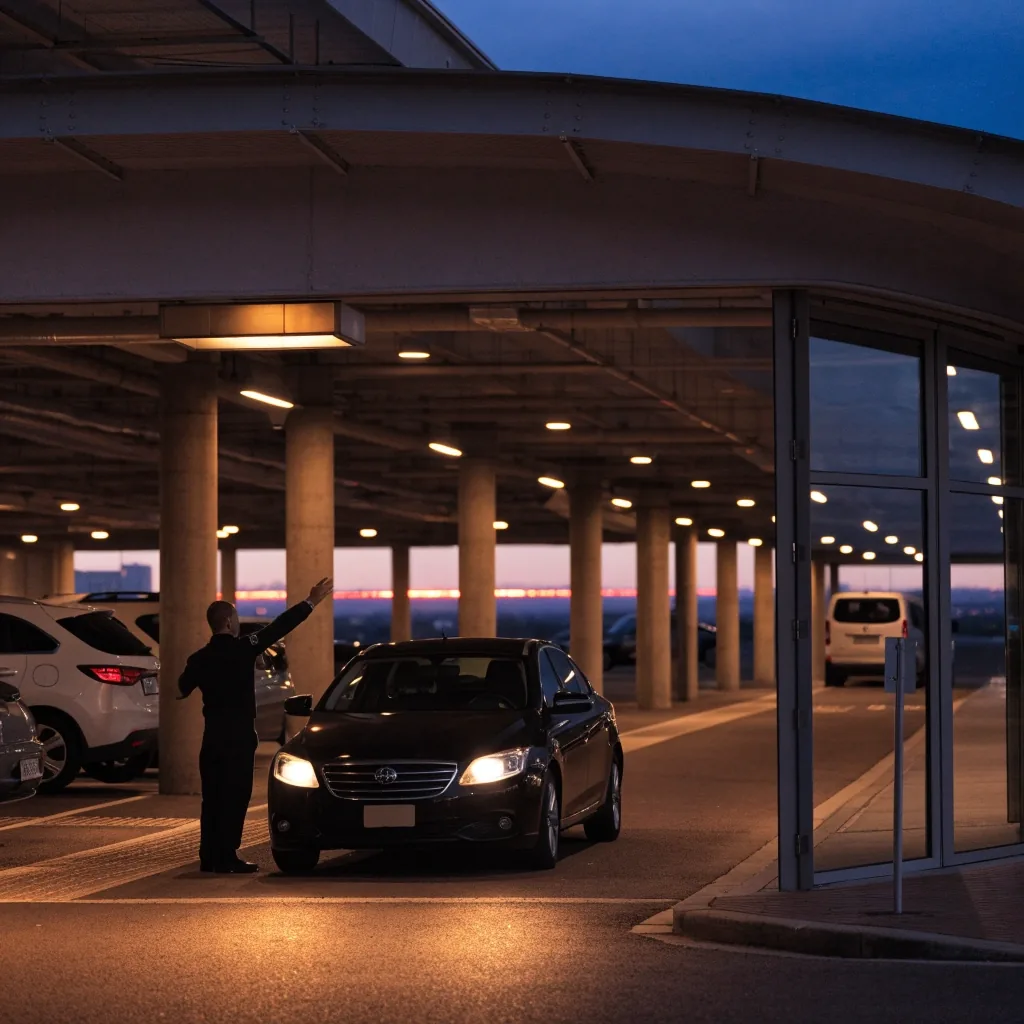 Wet open-air Brisbane Airport parking row at night with shuttle
