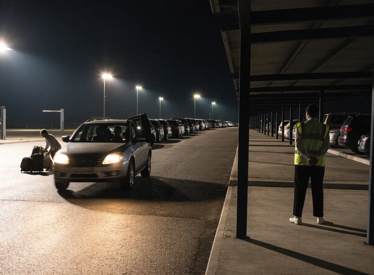 Open-air budget parking row under floodlights