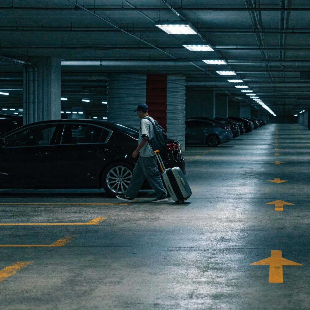 Undercover concrete parking level in fluorescent light