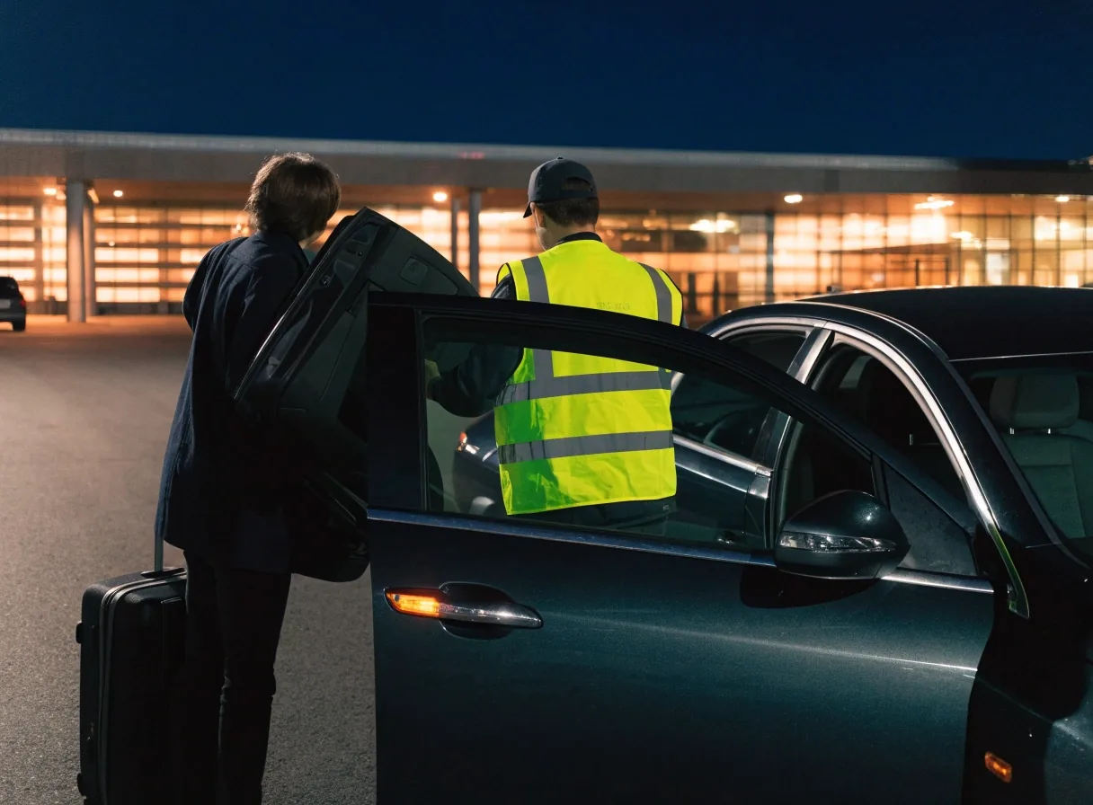 Valet handover at terminal forecourt at night