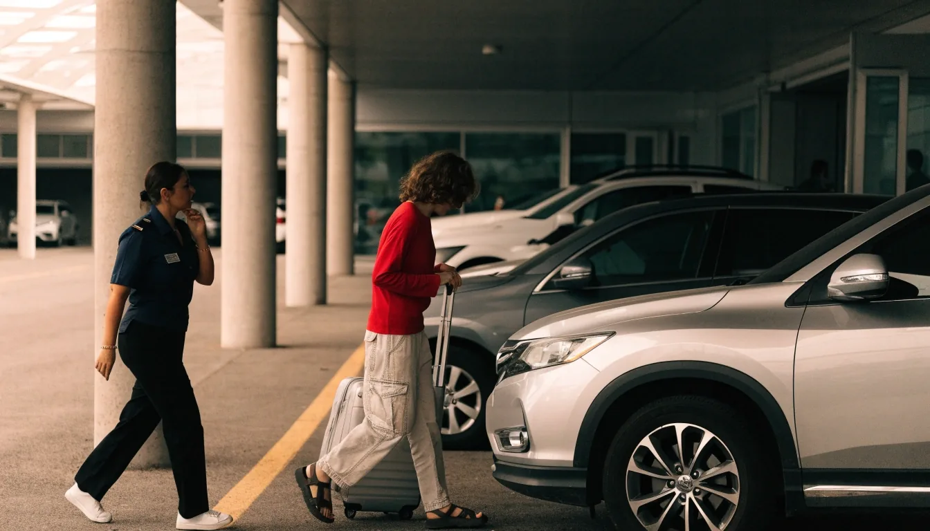 Wet open-air Brisbane Airport parking row at night under sodium lights