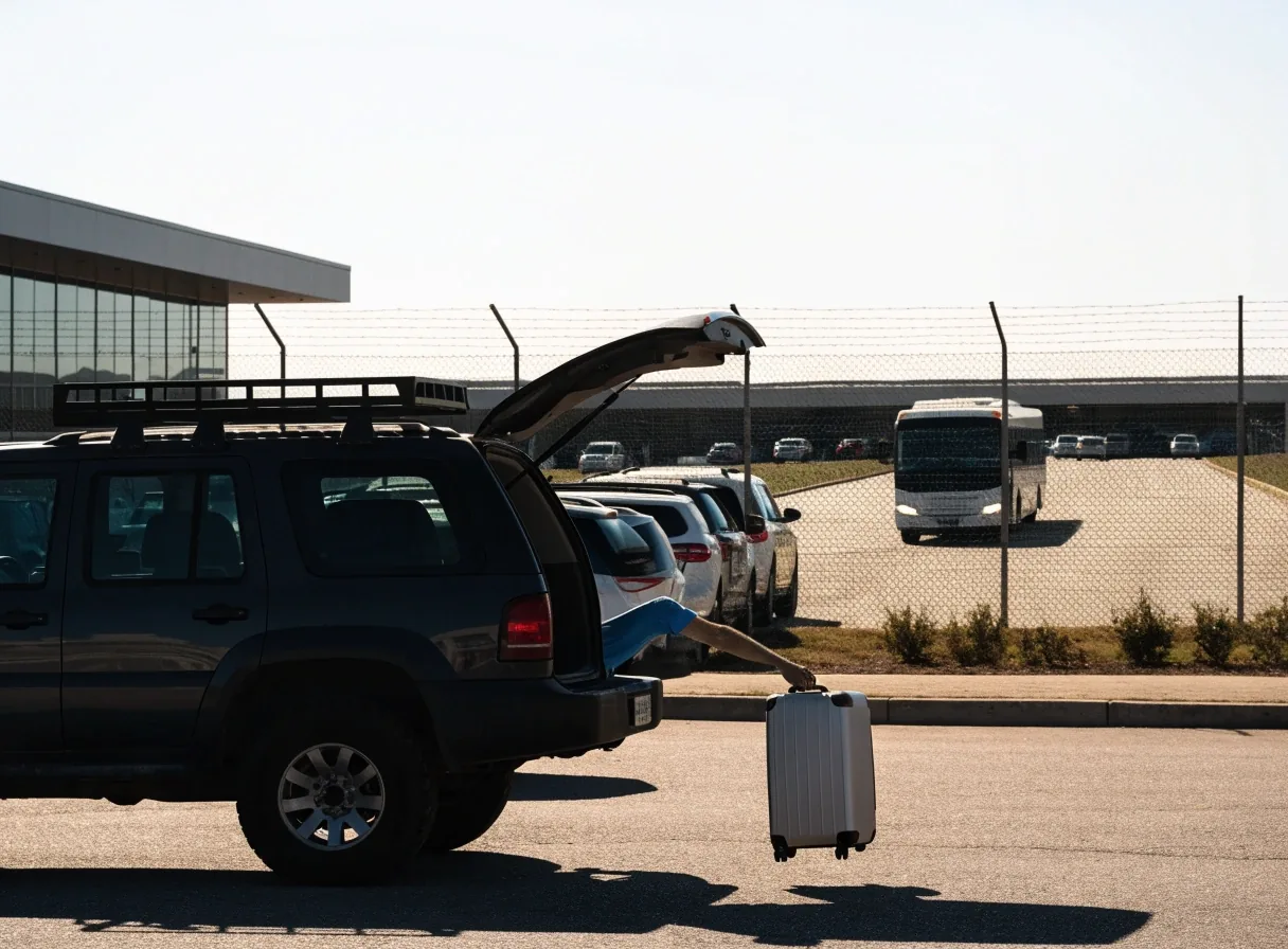 Open-air budget parking row with shuttle in distance