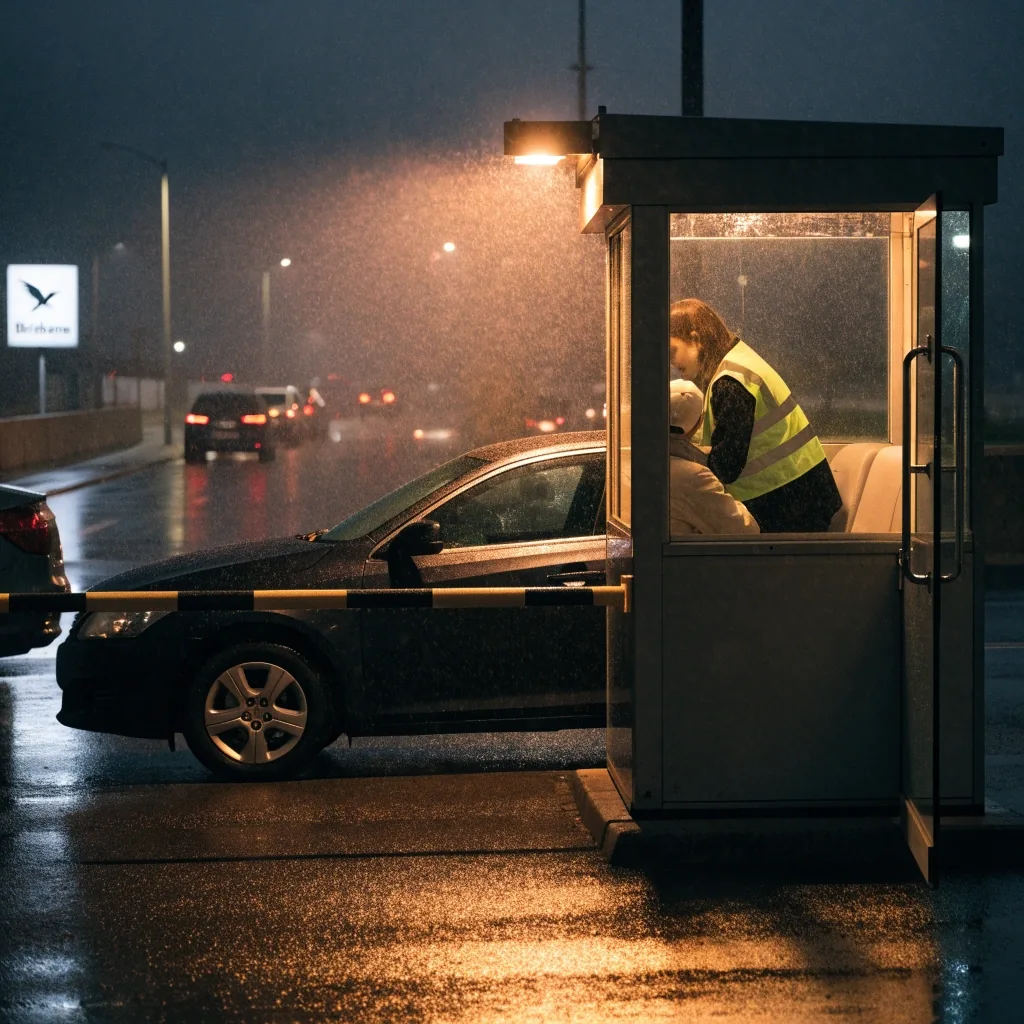 Car park exit barrier at night in rain