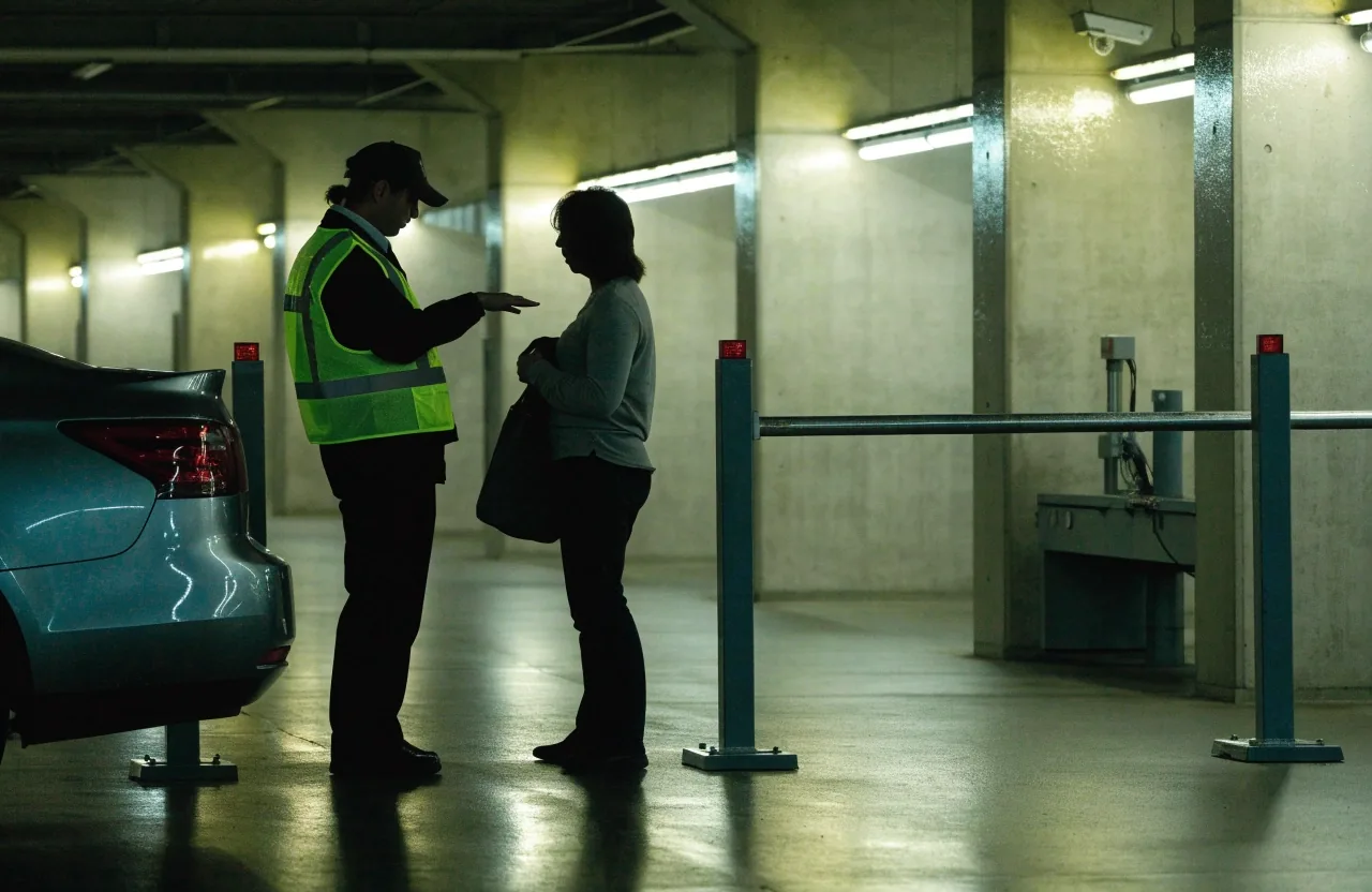 Empty accessible bay on airport parking deck at night