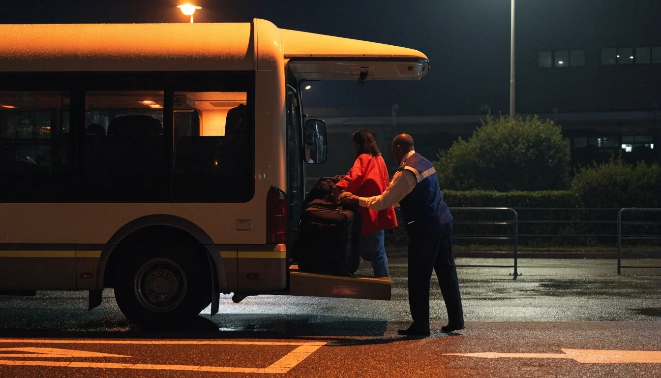 Wet Brisbane Airport parking row at night under sodium lamps